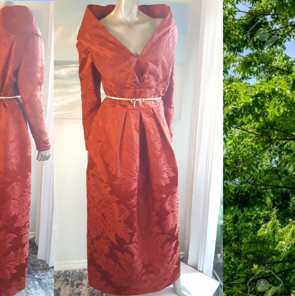 $6,400 OSCAR DE LA RENTA EXCLUS RED SILK BROCADE RUNWAY GOWN 6 - Picture 7 of 15